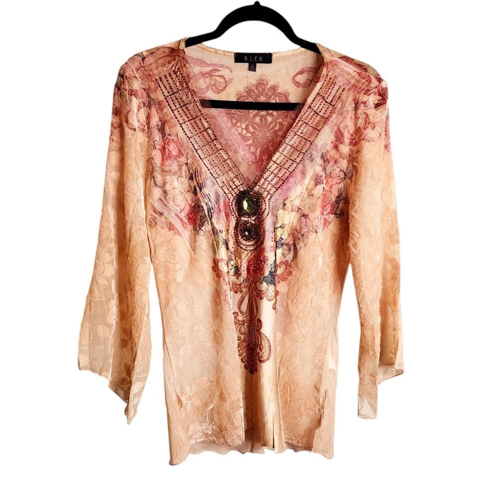 B.L.E.U top Y2K burnout velvet floral satin beaded bell sleeve Fairycore L